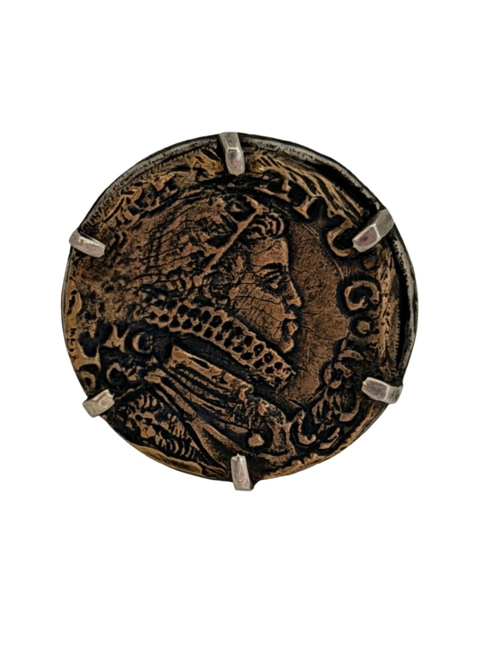 VINTAGE • Ancient Coin Statement Ring Antiqued Sterling Silver Gold Signet